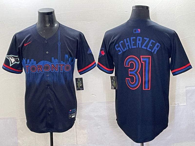 Men 2025 Toronto Blue Jays 31 Scherzer Black Joint Name Nike MLB Jersey 06